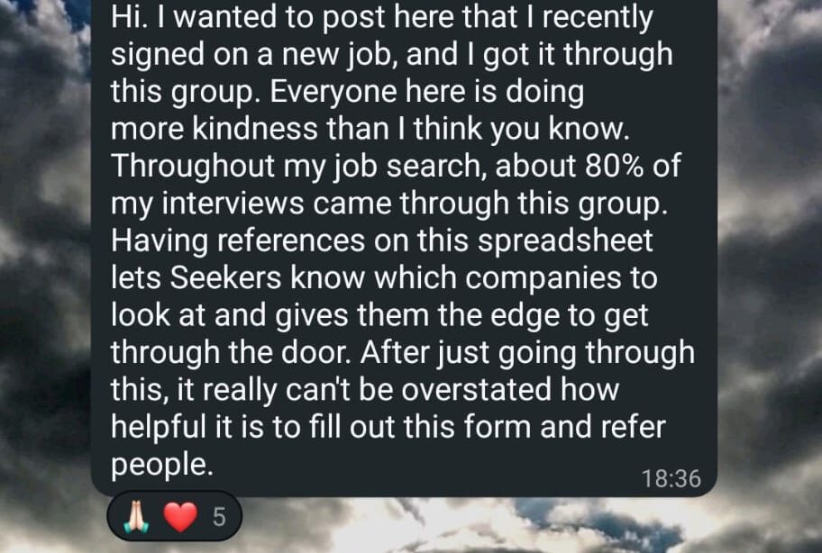 WhatsApp message from a member who signed on a new job through the group - about 80% of their interviews came through it
