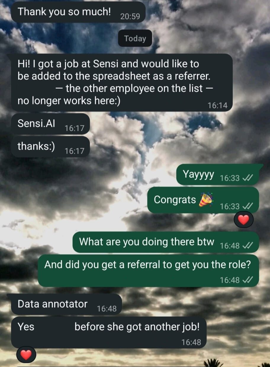 WhatsApp chat - a member got a job at Sensi through a referral and asks to be added to the spreadsheet as a referrer